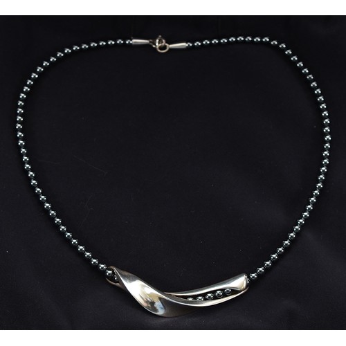 59 - Georg Jensen and Hans Hansen, a 925 silver and hematite beaded necklace, 3mm beads, 40cm, with box
