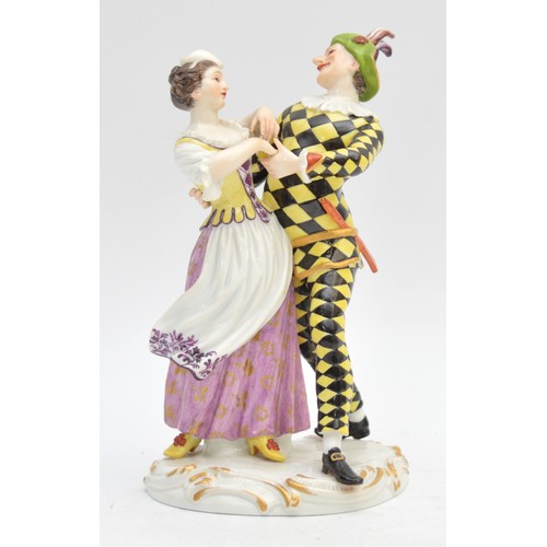 369 - Meissen; c. 19th century, a porcelain figural group depicting a Harlequin and Columbine dancing toge... 