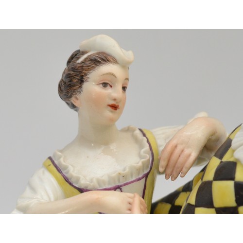 369 - Meissen; c. 19th century, a porcelain figural group depicting a Harlequin and Columbine dancing toge... 