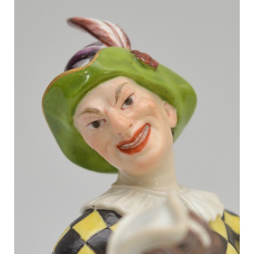 369 - Meissen; c. 19th century, a porcelain figural group depicting a Harlequin and Columbine dancing toge... 