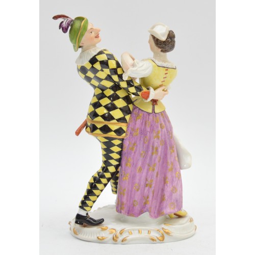 369 - Meissen; c. 19th century, a porcelain figural group depicting a Harlequin and Columbine dancing toge... 