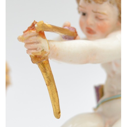 371 - Meissen; four small porcelain figures of cupid or putti, h. 12cm. 

Condition: All four are at fault... 