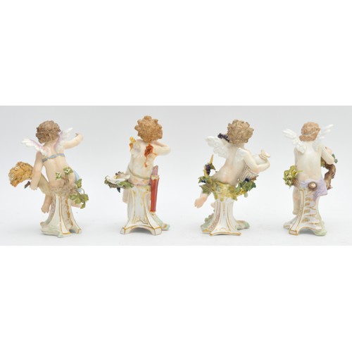 371 - Meissen; four small porcelain figures of cupid or putti, h. 12cm. 

Condition: All four are at fault... 