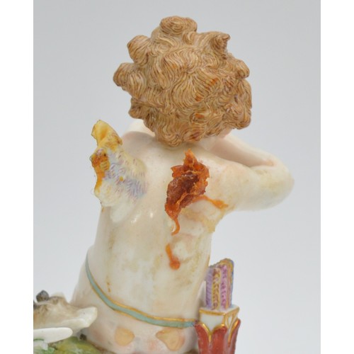 371 - Meissen; four small porcelain figures of cupid or putti, h. 12cm. 

Condition: All four are at fault... 