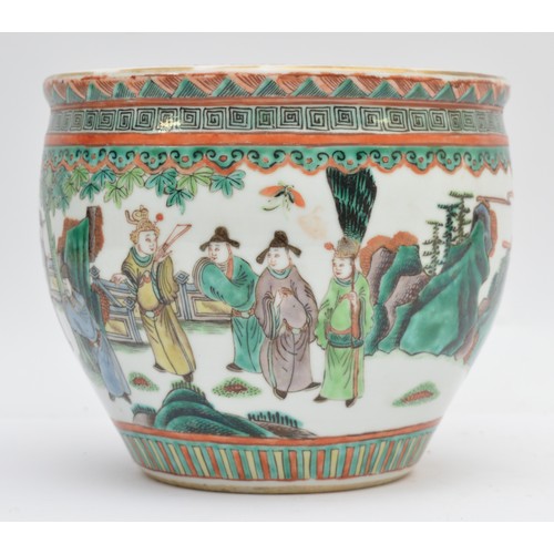 381 - A Chinese famile vert jardinière, decorated with members of court, the interior with koi carp, diame... 