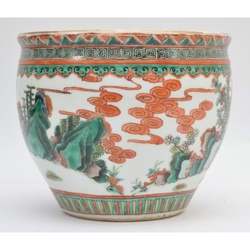 381 - A Chinese famile vert jardinière, decorated with members of court, the interior with koi carp, diame... 