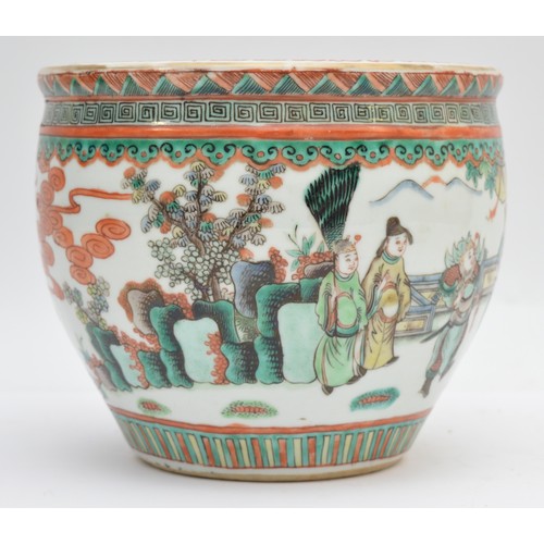 381 - A Chinese famile vert jardinière, decorated with members of court, the interior with koi carp, diame... 