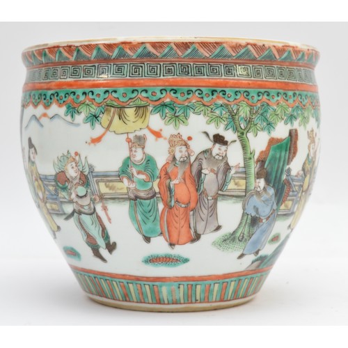381 - A Chinese famile vert jardinière, decorated with members of court, the interior with koi carp, diame... 