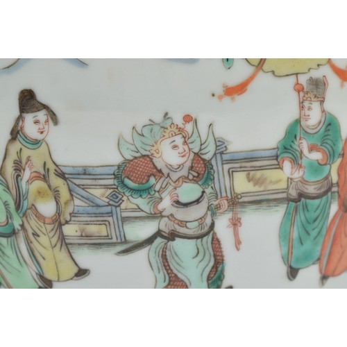 381 - A Chinese famile vert jardinière, decorated with members of court, the interior with koi carp, diame... 