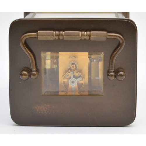 384 - Matthew Norman, a brass alarm and striking carriage clock, signed white enamel dial with Roman numer... 