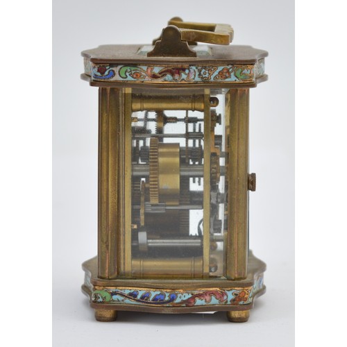 390 - A late 19th century French miniature brass and cloisonne enamel alarm ogee carriage time piece, sign... 