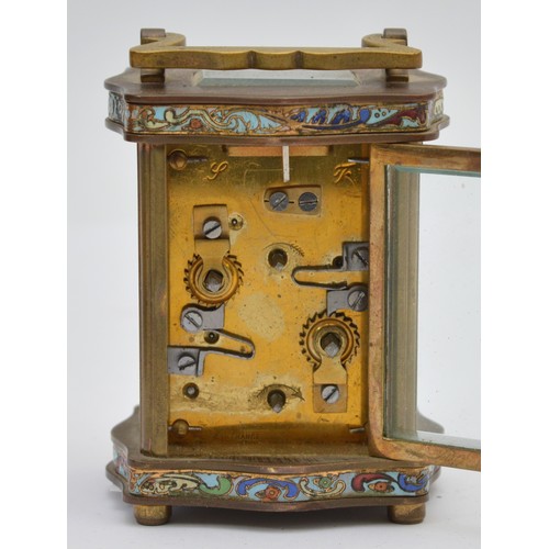 390 - A late 19th century French miniature brass and cloisonne enamel alarm ogee carriage time piece, sign... 