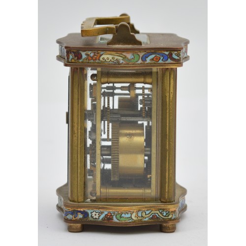 390 - A late 19th century French miniature brass and cloisonne enamel alarm ogee carriage time piece, sign... 
