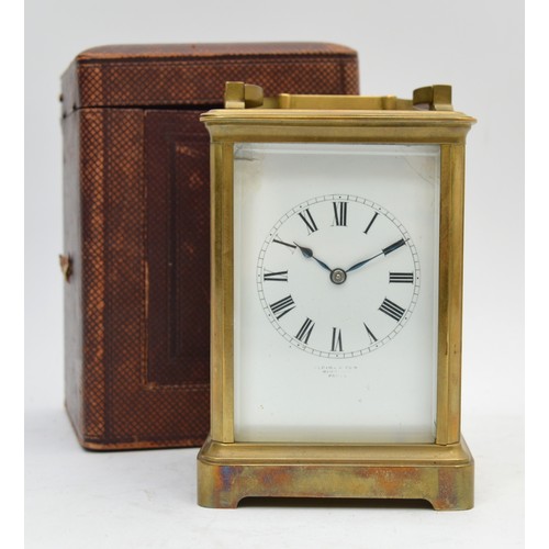 397 - A mid 20th century French brass striking carriage clock, having enameled dial with Roman numerals, b... 