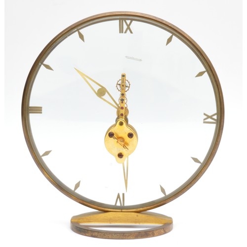 411 - Jaeger LeCoultre, a brass circular skeleton mantel clock, c.1960/70, ref 313, chapter ring with XII,... 