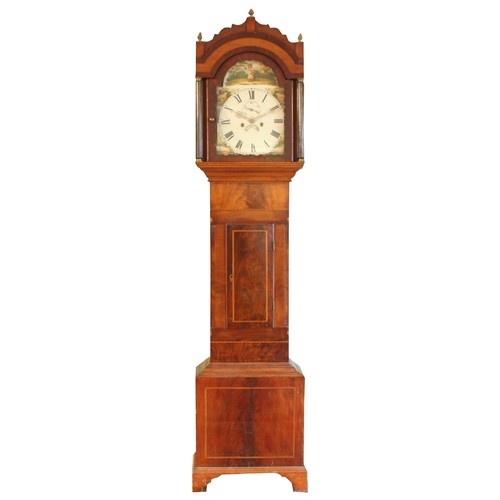 423 - A 19th century inlaid mahogany 8 day longcase clock, the arched stepped pediment, hood with reeded c... 