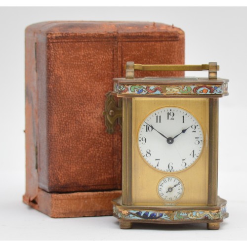 390 - A late 19th century French miniature brass and cloisonne enamel alarm ogee carriage time piece, sign... 