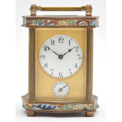390 - A late 19th century French miniature brass and cloisonne enamel alarm ogee carriage time piece, sign... 