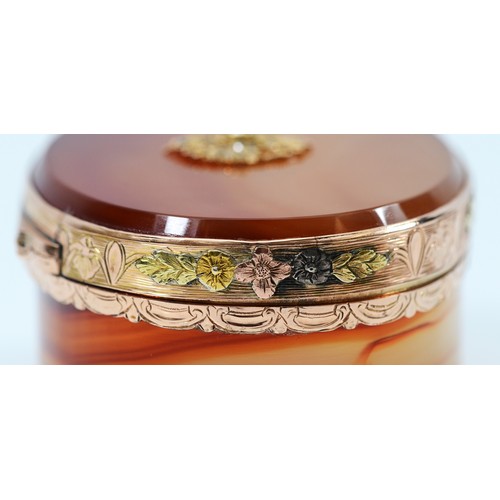 42 - A Russian rose diamond, three colour gold and agate oval snuff box, apparently unmarked, c.mid 18th ... 
