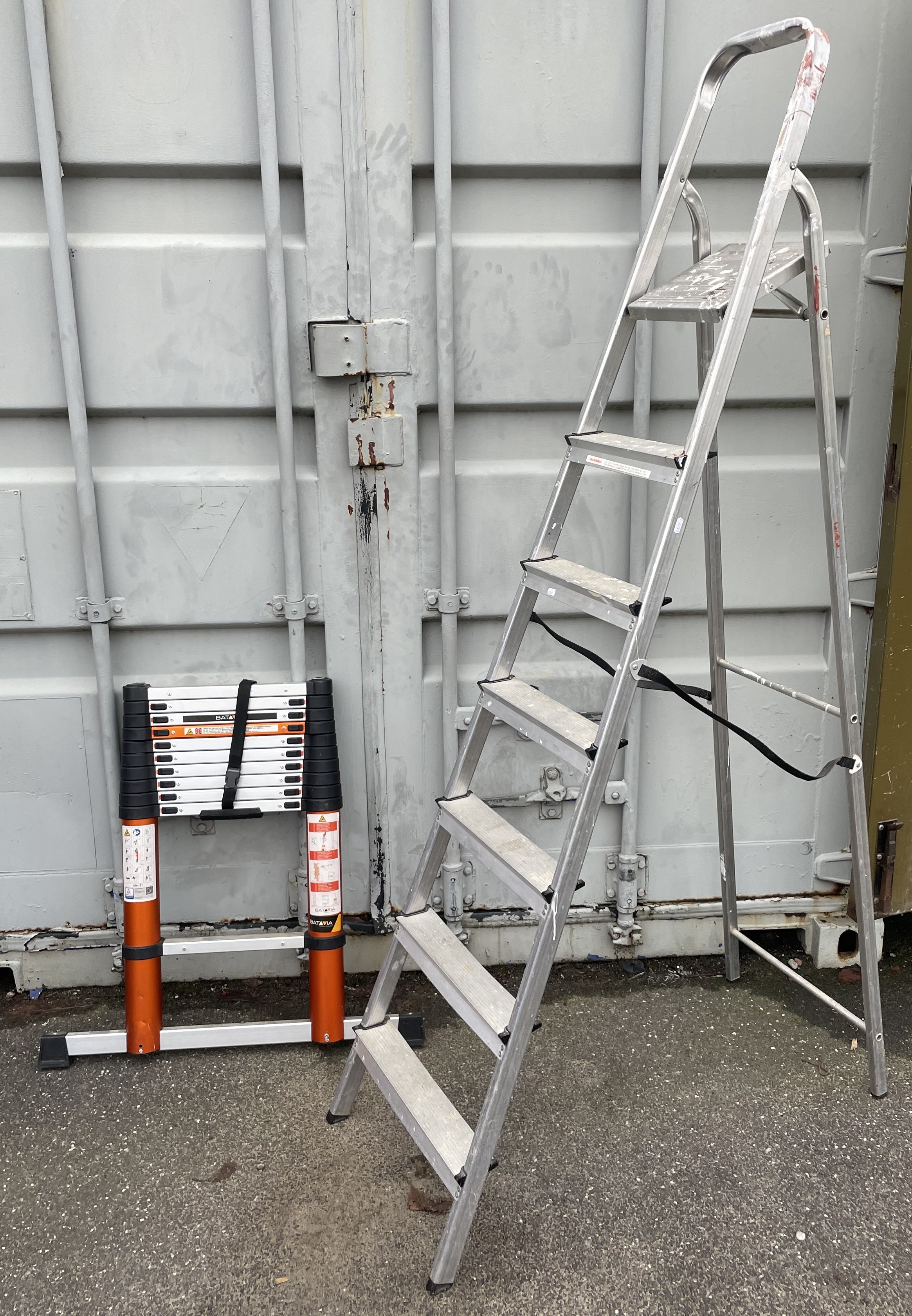 A Batavia 11-rung telescopic ladder, together with a pair of 7-rung ...