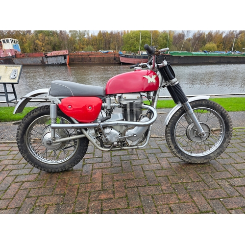 1966 Matchless G85CS Scrambler, 497cc. Registration number not registered. Frame number G85CS/289. Engine number C/11313. Gearbox number MA 13326CS.
There is no paperwork with this lot.
The 1966 G85CS (Competition Scrambler) was designed to compete against the new generation of lightweight two-stroke off road bikes from CZ, Husqvarna, Bultaco and Greeves, replacing the outdated and heavy G80CS but it was too little and too late. As one of the last models of Matchless to be made, it was the last (and best) attempt by the British to build a 4-stroke scrambler capable of beating the light-weight 2-stroke machines that were dominating the European Scrambles scene.
At the heart of the G85CS was a tuned version of the proven 500cc powerplant that had powered Matchless’s G80 model. The G85CS boasted increased compression (12:1) with an improved bottom end compared to the regular G80 engine, and a 1-3/8 inch Amal GP carb was standard on all the CS models. A Norton gear-driven oil pump was used in place of the old reciprocating design. As a result of the collective changes the CS’s power went up to a reported 41hp at 6,500rpm.
It’s easy to see the Rickman brothers influence in the design of the frame. The G85 was a duplex design with lightweight forks, close ratio CS gearbox, machined front hub, magnesium 7R rear wheel, fibreglass petrol tank and side panels, alloy oil tank and mudguards. This all resulted in a 318-pound weight compared to the previous G80 model, which weighed 360 pounds when stripped for competition
The G85CS was not made available to the buying public until 1966,  although the bikes had been campaigned earlier with great success by works riders like Chris Horsfield, Vic Eastwood and Dave Nichol. It only lasted a year before Matchless closed, and it is believed less then 150 were produced.
G85CS/289 is a very original and unmolested machine, 
with its lightweight aluminium primary chain cover with  aluminium clamp band, a NC1 Lucas Competition Magneto, Amal T5GP1 13/8" carb, Dunlop rims and Magura levers. It has been part of our vendors collection for many years and will need some recommissioning before use. Interestingly frame G85CS/287, engine C/11312, gearbox MA13344CS has recently been sold on the internet.