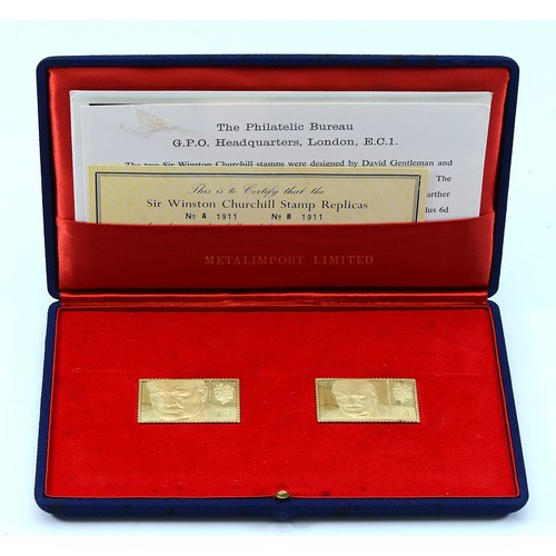 Of Churchill interest; two 18ct gold limited edition Sir Winston Churchill Stamp Replicas, by Metal Imports Ltd, London 1965, numbered A1911 and B1911, 20.1gm each, with FDC certificate, and paperwork stating they cost 2s 6d!, case