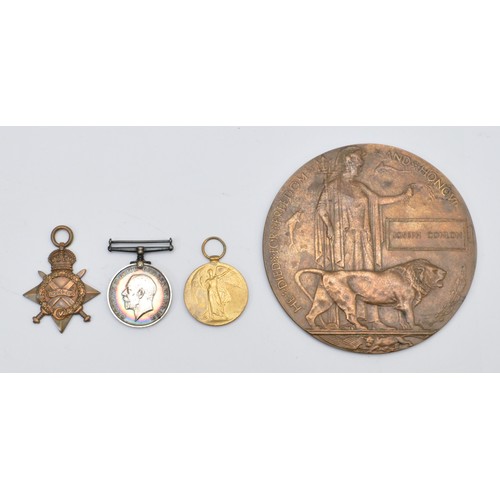 WWI Death plaque, together with the trio of the 1914-1915 Star, War and Victory, presented to 9-7524 PTE. Joseph. Conlon. Durham. L.I.