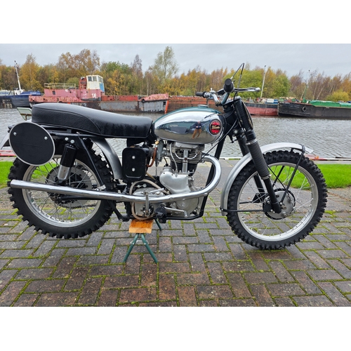 1961 Velocette MSS 500cc Scrambler, 499cc. Registration number not registered. Frame number 1139/35. Engine number MSS 12979S. Gearbox number 12-2540S.
There is no paperwork with this lot.
Introduced in 1954 the Velocette Scrambler was based very much on the road going Venom with an all alloy competition engine with big-valve Venom-spec internals, 12 prefix gearbox, Amal carburettor and BTH TT magneto. It used alloy mudguards, a crankcase undershield and all the lighting equipment was removed. 
In 1958 a new triangulated rear subframe was introduced, replacing the standard adjustable frame. The new frame numbers started at 1001/35, making this machine the 139th built. It remained as a listed item up until 1963 from when it was only a special order, the last being built in 1969. The vast majority went for export to the USA.
This example has been restored on alloy rims and unused for many years being dry stored with three other bikes on offer today. It will require some light recommissioning.