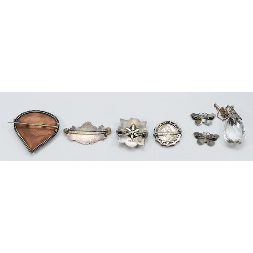 22 - Two sterling silver and enamel butterfly brooches, a Victorian silver brooch, Chester 1887, a Scotti... 
