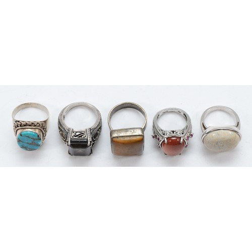 27 - Five 925 silver gemset rings, L-S, 54g