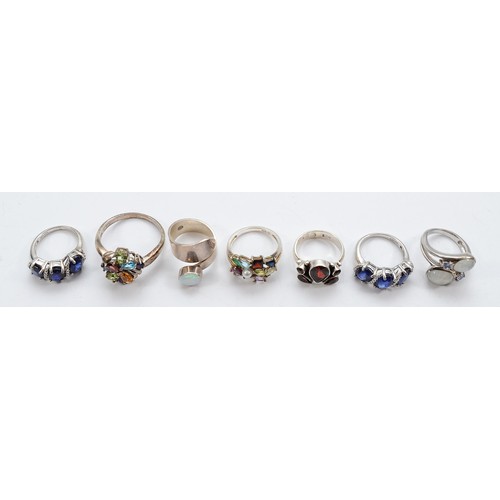 35 - Seven 925 silver gemset rings, I-Z, 33g