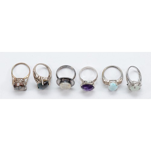 44 - TGGC, six 925 silver gemset rings, N-P, 35g