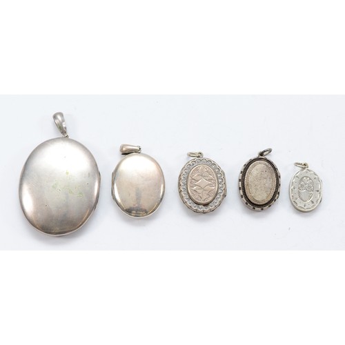 47 - Five Victorian silver locket pendants, largest 55mm, 56g