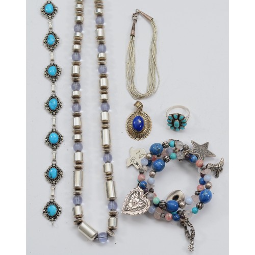 48 - Carolyn Pollack, a 925 silver gemset beaded wrap around bracelet, a 925 silver lapis lazuli pendant,... 