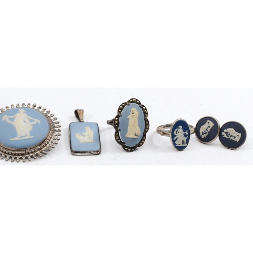 53 - Wedgwood, two silver and jasperware brooches, two Wedgwood silver pendants, a pair of Wedgwood silve... 