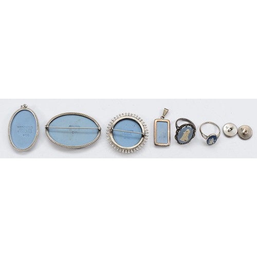 53 - Wedgwood, two silver and jasperware brooches, two Wedgwood silver pendants, a pair of Wedgwood silve... 