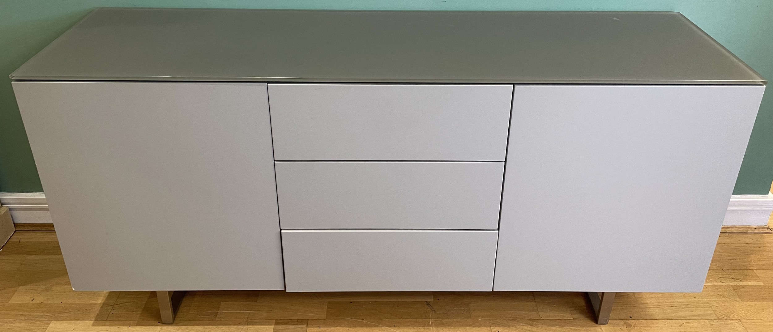 A modern Danetti sideboard, finished in eve matt grey and frosted glass ...
