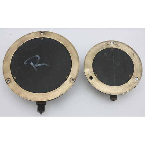 27 - Two brass cased pressure gauges- dials marked BR(E) and BR, diameter 15cm and 11cm.