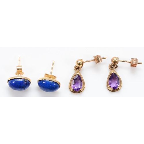 34 - A pair of 9ct gold amethyst drop earrings with a pair of 9ct gold lapis lazuli earrings with scroll ... 
