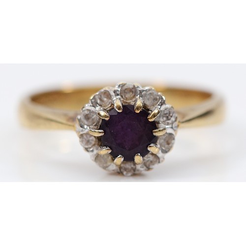 94 - A 9ct gold ruby and white gemstone cluster ring, L, 2.9g