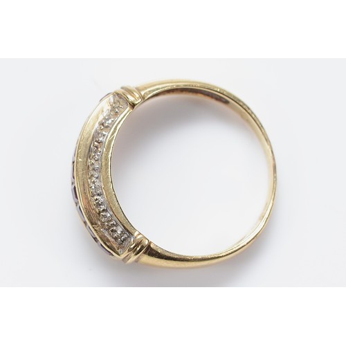 102 - A 9ct gold ruby and diamond three row dress ring, P, 3.4g