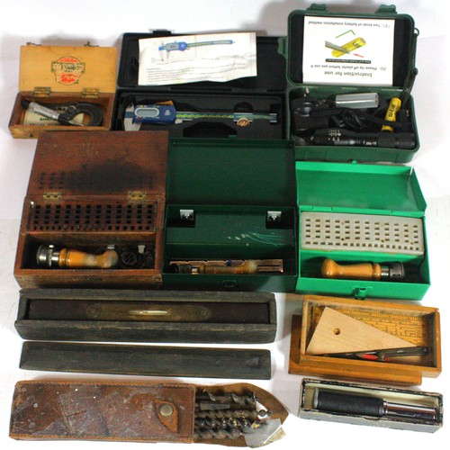 3 - Three tray boxes of mixed tools, to include, a cobbler's foot measurer, a Watkin clinometer, a chrom... 