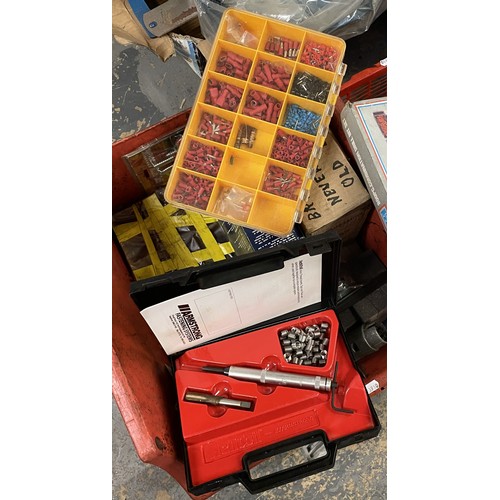 16 - Four boxes of tools and hardware, to include, riveters, saws, spray paint, electrical crimps, and a ... 
