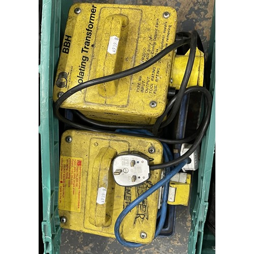 18 - Two boxes of power tools, to include, a Bosch 3.6V screwdriver, Wolf ripsaw, two 110V transformers, ... 