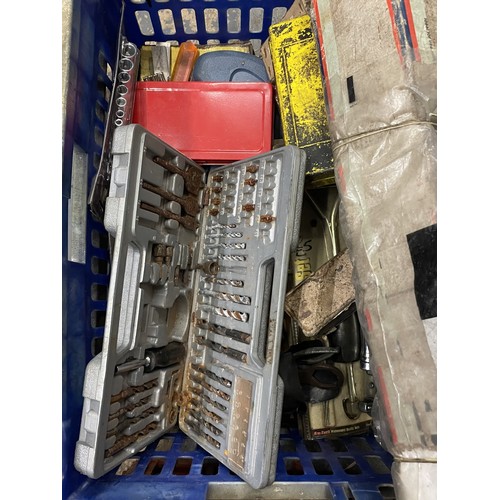 24 - Two plastic crates and a blue talco tool box, containing mechanic's tools, spanners, torque wrenches... 