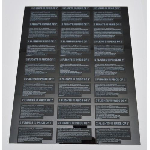 39 - An uncut sheet of 21 £10 BT phonecards. Advertising Virgin Atlantic flights, in a frame.

Sold on be... 