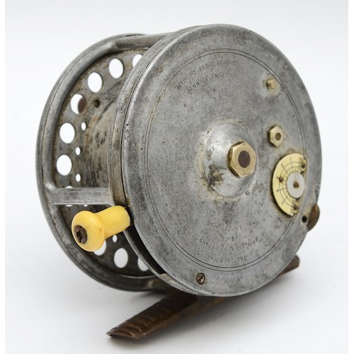 Hardy Bros Ltd, The 'Silex Major' ventilated fly fishing reel, ribbed brass foot, twin handles with an ivorine brake lever, patent Nos. 21131 and 288101, 9.5cm diameter, 5cm spool thickness.