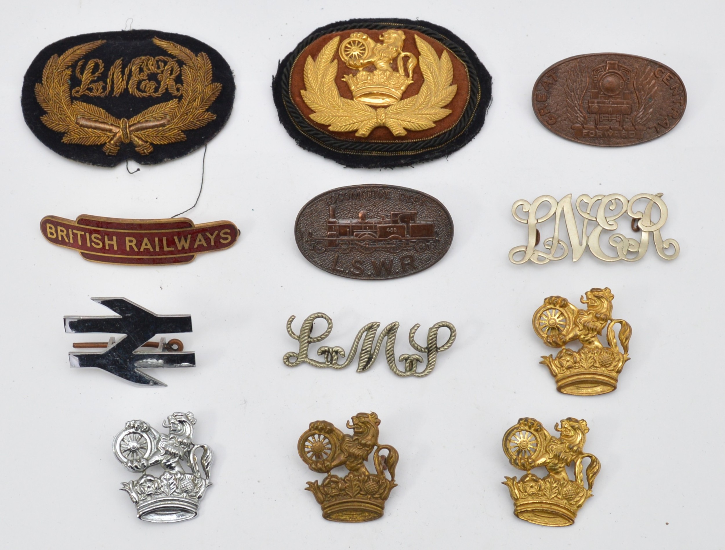 Twelve railway cap badges, to include, Great Central, LNER, and LSWR.