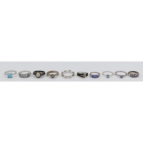 79 - Ten 925 silver gemset rings, K-R, 30g