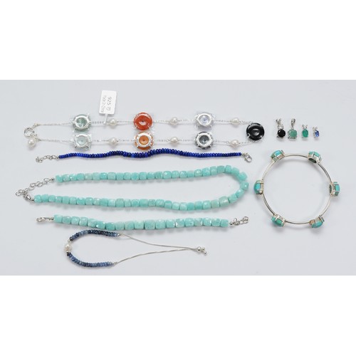 87 - Two 925 silver necklaces, three 925 silver beaded braceletsm a 925 silver turquoise bangle, and four... 